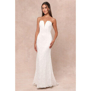 Lulus Gorgeous Love White Lace Strapless Mermaid Maxi Dress Floral Lace Overlay
